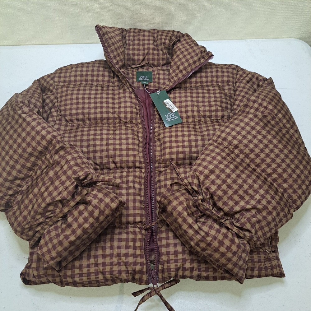 Wild Fable Womens Puffer Jacket XXS Brown NWT Gingham Full Zip 1976-360